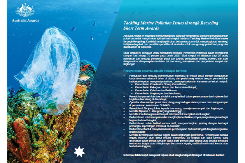 Applications Open for the 2019 Tackling Marine Pollution Issues through Recycling Short Term Award